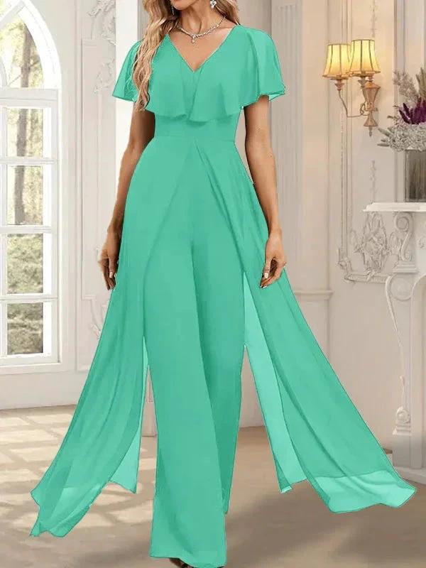 Jumpsuit/Pantsuit V-Neck Floor-Length Chiffon Evening Dress by Dreamylily