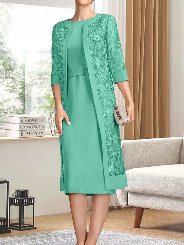 Sheath/Column Scoop Knee-Length Chiffon Mother of the Bride Dress With Pleated Sequins by Dreamylily