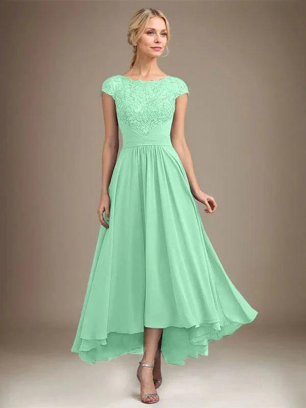 A-line Scoop Illusion Asymmetrical Lace Chiffon Mother of the Bride Dress With Pleated by Dreamylily