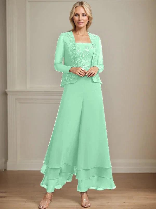Separates Jumpsuit/Pantsuit Square Ankle-Length Lace Chiffon Mother of the Bride Dress With Sequins by Dreamylily