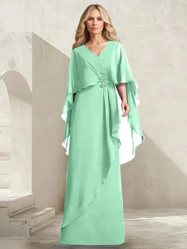 A-line V-Neck Floor-Length Chiffon Mother of the Bride Dress With Cascading Ruffles Beading by Dreamylily