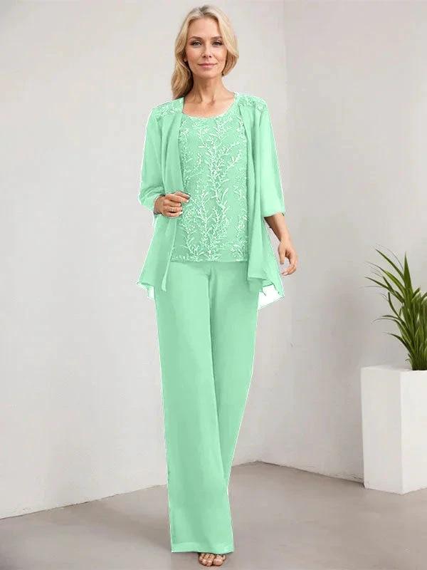 Separates Jumpsuit/Pantsuit Scoop Floor-Length Lace Chiffon Mother of the Bride Dress With Sequins by Dreamylily