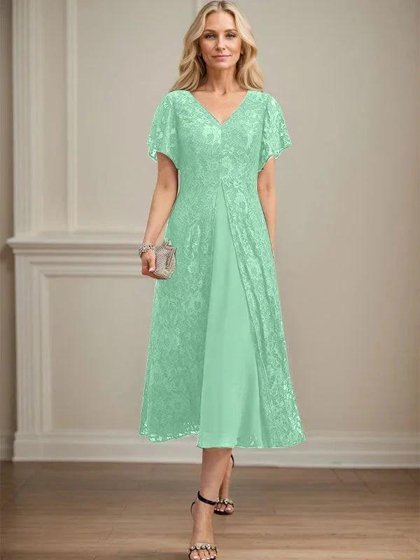 A-line V-Neck Tea-Length Lace Chiffon Mother of the Bride Dress by Dreamylily