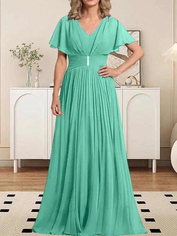 A-line V-Neck Floor-Length Chiffon Mother of the Bride Dress With Crystal Brooch Pleated by Dreamylily