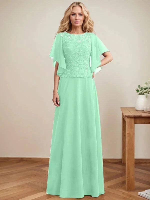 A-line Scoop Illusion Floor-Length Lace Chiffon Mother of the Bride Dress With Sequins by Dreamylily