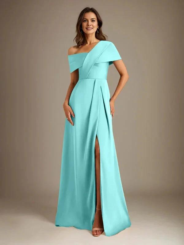 A-Line Asymmetrical Neckline Floor-Length Satin Mother of the Bride Dress With Pleated by Dreamylily