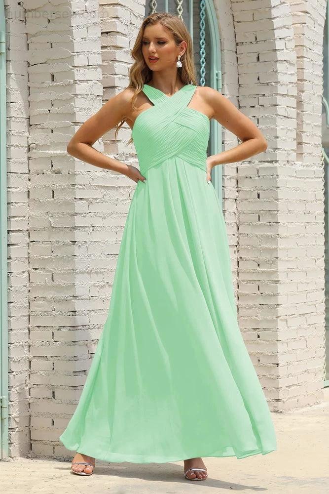 Numbersea Women Halter Chiffon Bridesmaid Dress A-line Long Formal Prom Gown SEA28015 by numbersea