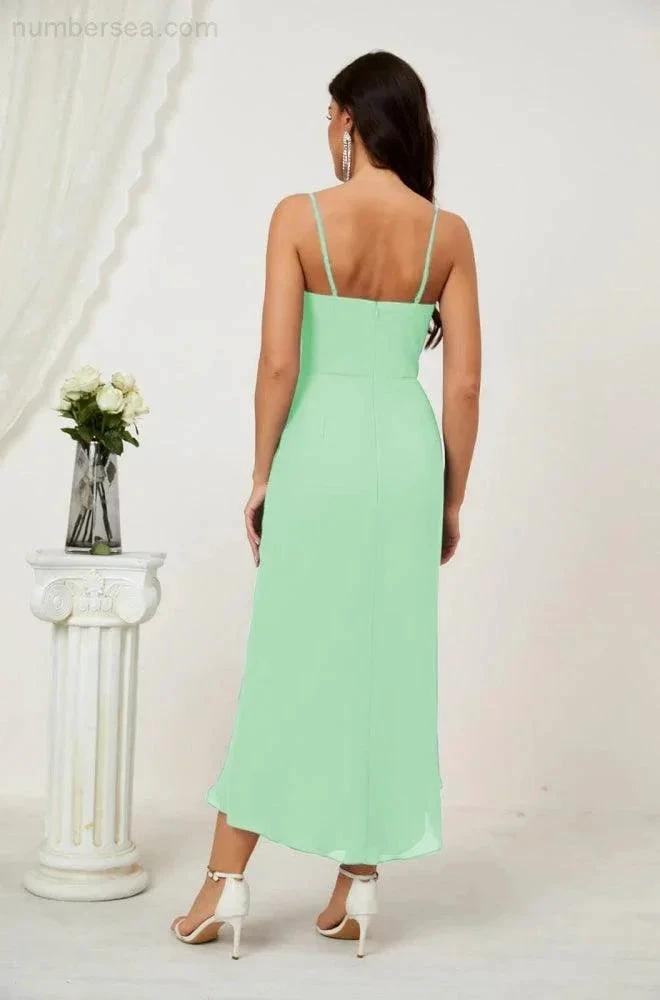 Numbersea Spaghetti Chiffon V Neck Bridesmaid Dress Mid-Length Slit Formal Prom Dress Homecoming Dress 2803 by numbersea
