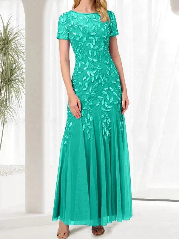 Blue Mermaid Round Neck Long Mother of the Bride Dress With Beadings by Dreamylily