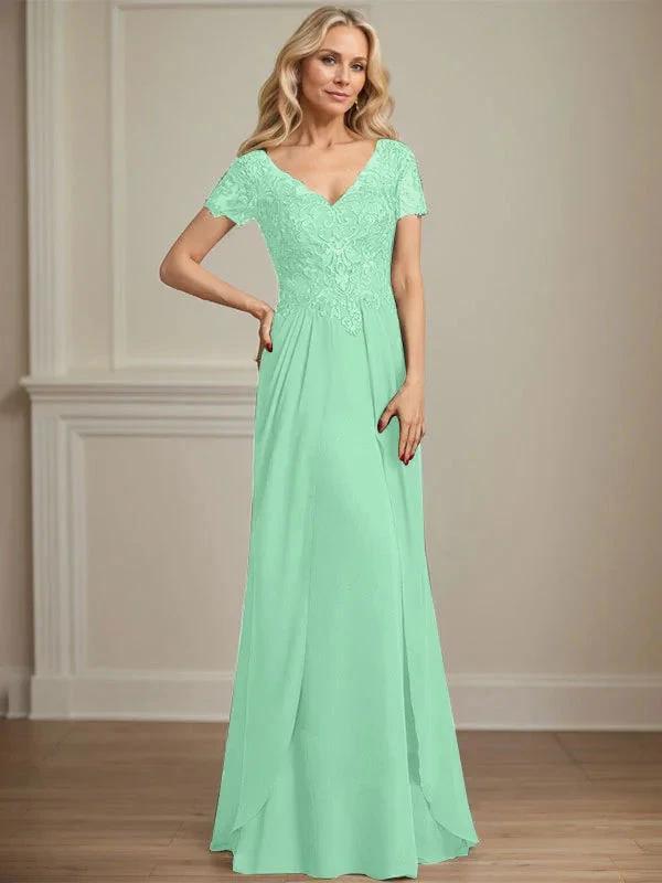 A-line V-Neck Floor-Length Chiffon Lace Mother of the Bride Dress by Dreamylily