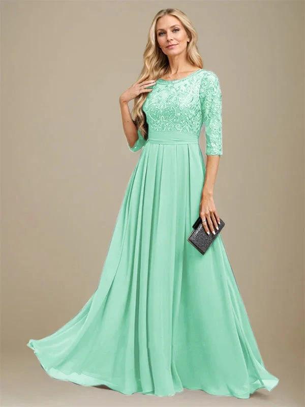A-Line Scoop Floor-Length Lace Chiffon Mother Of the Bride Dress With Sequins Applique by Dreamylily