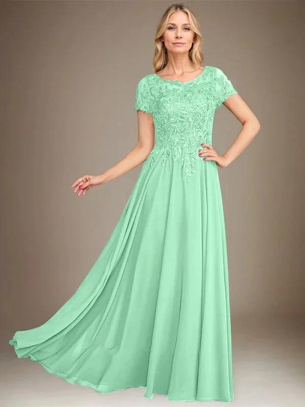 A-Line Scoop Floor-Length Chiffon Mother of the Bride Dress With Applique &amp; Sequins by Dreamylily