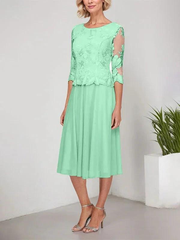 A-line Scoop Tea-Length Lace Chiffon Mother of the Bride Dress With Embroidery by Dreamylily