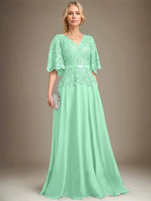 A-line V-Neck Floor-Length Chiffon Lace Mother of the Bride Dress With Crystal Brooch Rhinestone by Dreamylily