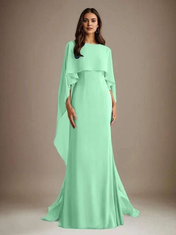 Sheath/Column Boatneck Floor-Length Chiffon Mother of the Bride Dress With Cascading Ruffles by Dreamylily