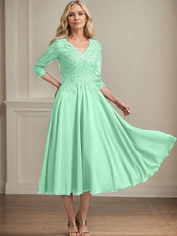 A-line V-Neck Tea-Length Chiffon Lace Mother of the Bride Dress With Beading Sequins by Dreamylily