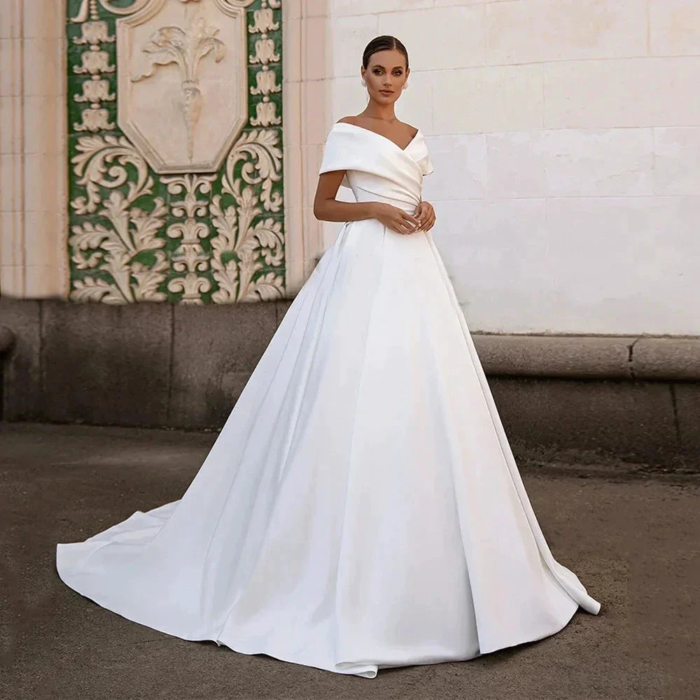 Modern V Neck Wedding Dresses A Line Sexy Lace Up Backless Ball Gowns Sweep Train Woman&