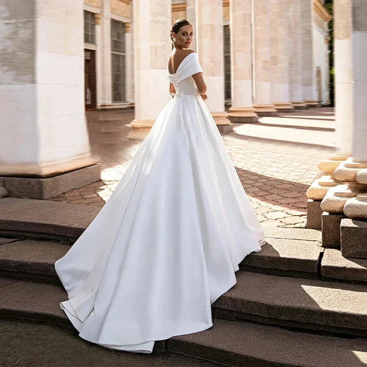 Modern V Neck Wedding Dresses A Line Sexy Lace Up Backless Ball Gowns Sweep Train Woman&