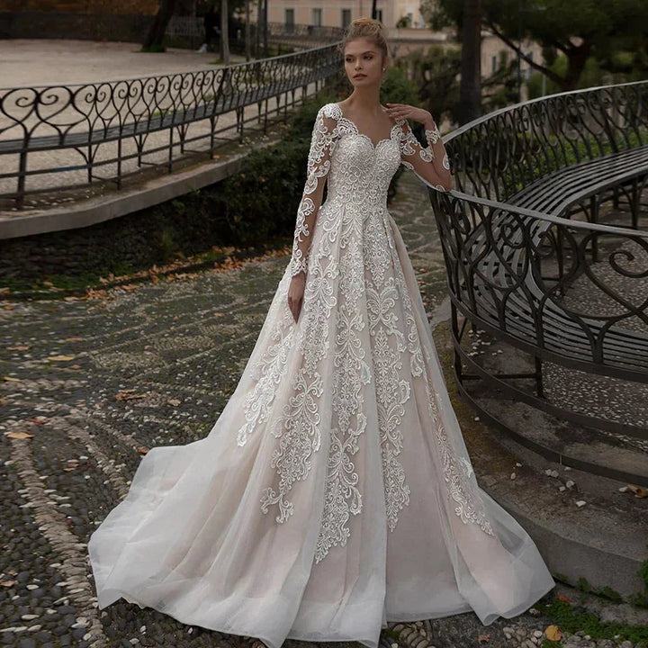 Modest Champagne Wedding Dress Appliques Long Sleeves Vestido De Noiva Sweep Train Sexy Backless Vestidos De Novia by payinti