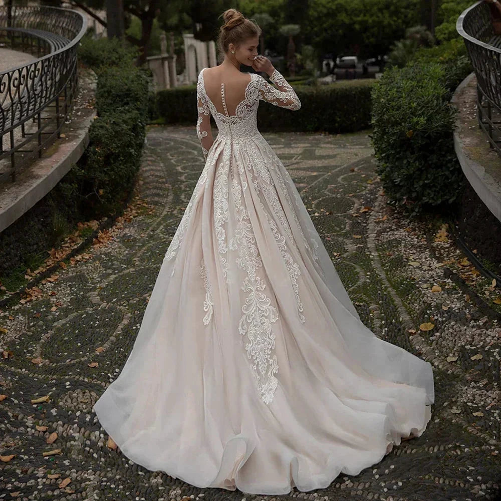 Modest Champagne Wedding Dress Appliques Long Sleeves Vestido De Noiva Sweep Train Sexy Backless Vestidos De Novia by payinti