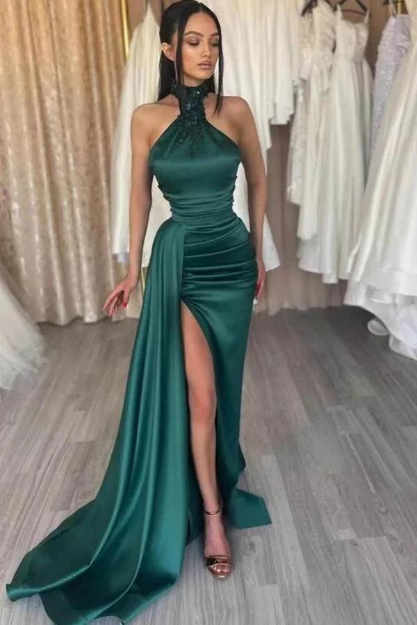 Modest Long Mermaid Halter Satin Sleeveless Prom Dress with Slit by BIZTUNNEL