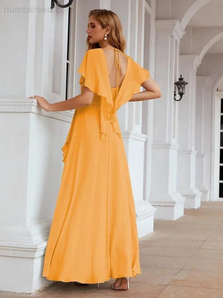 Numbersea Chiffon Bridesmaid Dresses Long Formal Evening Prom Mother of The Bride Dress with Flutter Sleeve SEA28040 by numbersea