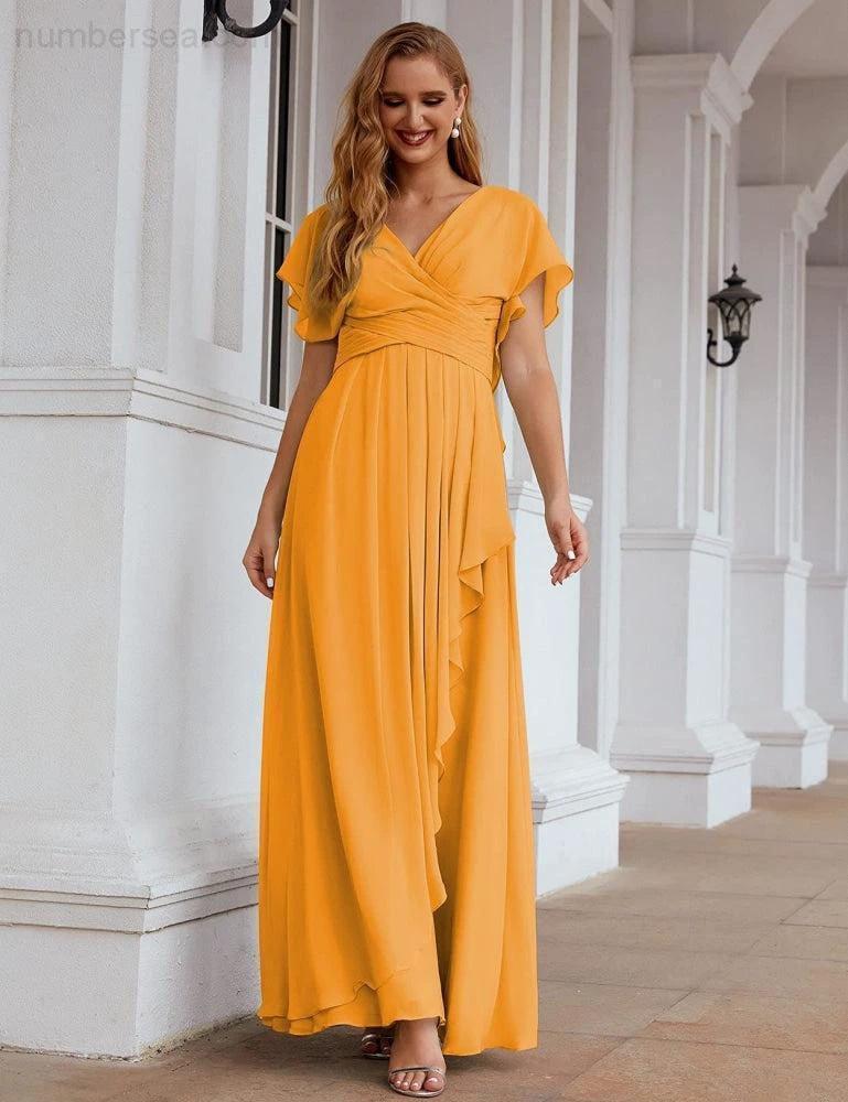Numbersea Chiffon Bridesmaid Dresses Long Formal Evening Prom Mother of The Bride Dress with Flutter Sleeve SEA28040 by numbersea