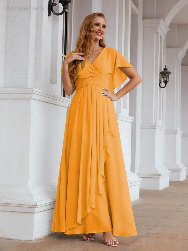Numbersea Chiffon Bridesmaid Dresses Long Formal Evening Prom Mother of The Bride Dress with Flutter Sleeve SEA28040 by numbersea