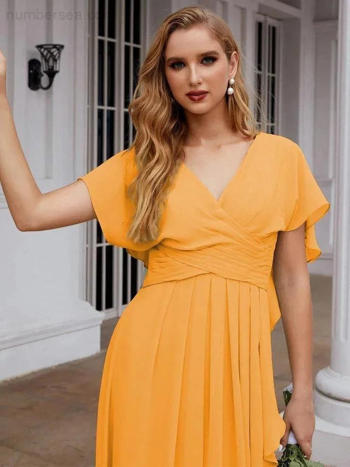 Numbersea Chiffon Bridesmaid Dresses Long Formal Evening Prom Mother of The Bride Dress with Flutter Sleeve SEA28040 by numbersea