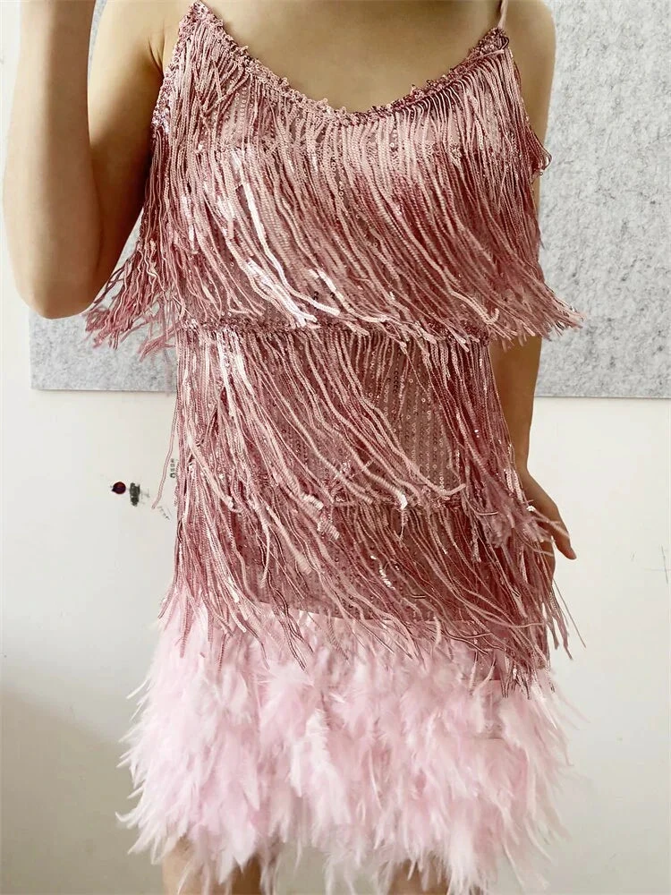 Women Sexy Feather Sparkly Tassel Dress Pink Sequin Fringe Dance Flapper Dress Summer Formal Dress,Pink Homecoming Dress Y2470 by simplepromdress