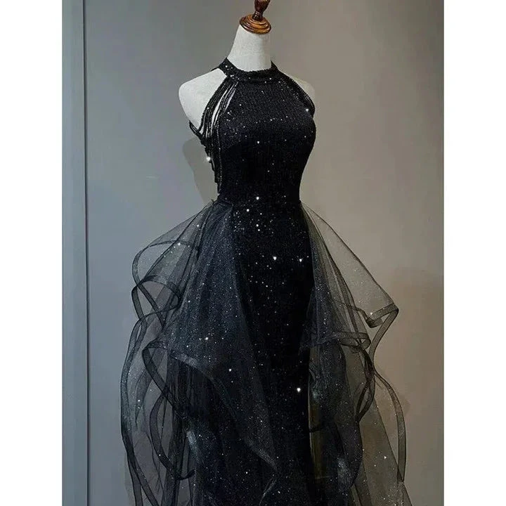 High Neckline Black Halter Shiny Tulle And Sequins Evening Dress, Black Tulle Prom Dress Y1864 by simplepromdress
