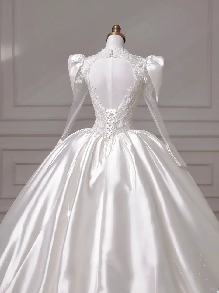 Gorgeous White Satin Lace Appliques A Line Wedding Dress,Formal Prom Dress Y8607 by simplepromdress