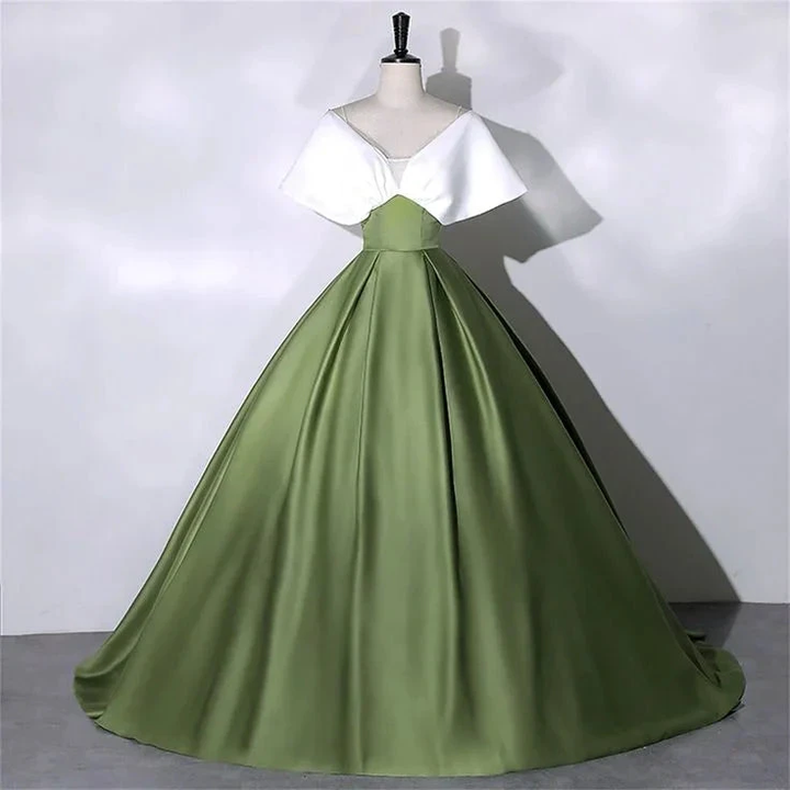 Elegant green ball gown dress with white off-shoulder cape on mannequin, ZAPDRESS