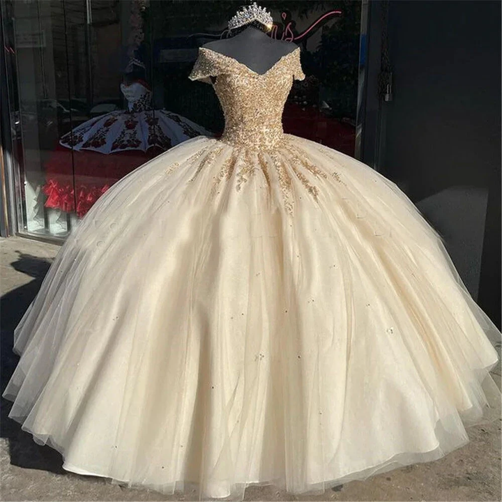 Off the Shoulder Quinceanera Dresses Champagne Lace Appliqued Beaded Ball Gown Y4148 by simplepromdress