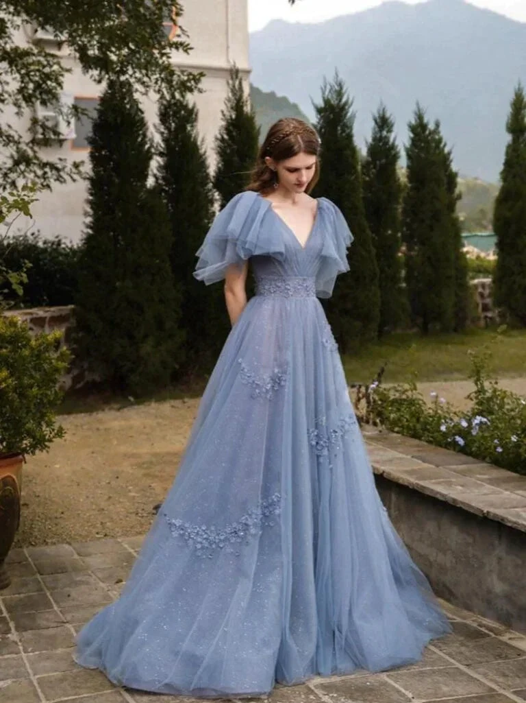 Elegant Blue Tulle Sequins Appliques Prom Dress Evening Dress Y8348 by simplepromdress