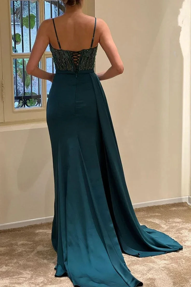 V-Neck Spaghetti Straps Beaded Ruched Sheath Long Evening Dress Y6003 by simplepromdress