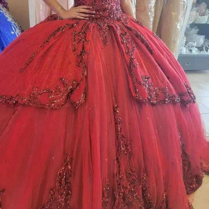 Red New Quinceanera Dresses Sequin Beading Appliques Sweetheart Formal Party Princess Ball Gowns Vestidos Y4257 by simplepromdress