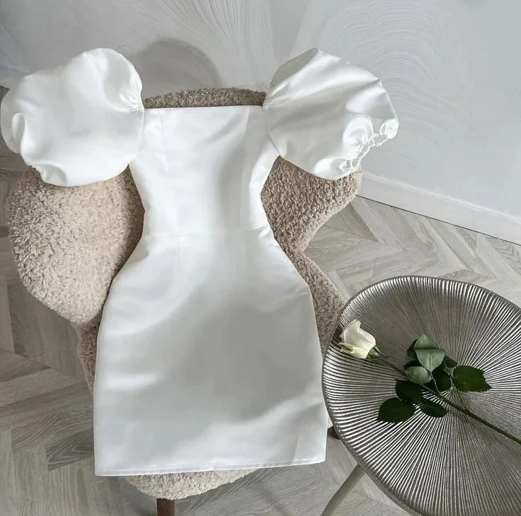White Square Neckline Homecoming Dress with Puff Sleeves Y2534 by simplepromdress
