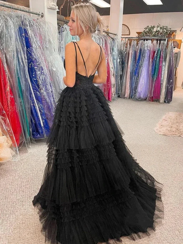 V Neck Backless High Low Beaded Black Lace Long Prom Dresses, Backless Black Formal Dresses, Black Lace Evening Dresses Y1769 by simplepromdress