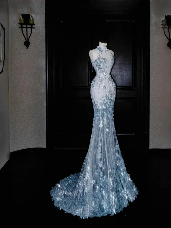 Dream Blue Tulle Sequins Appliques Mermaid Evening Dress Long Prom Dress Y8673 by simplepromdress