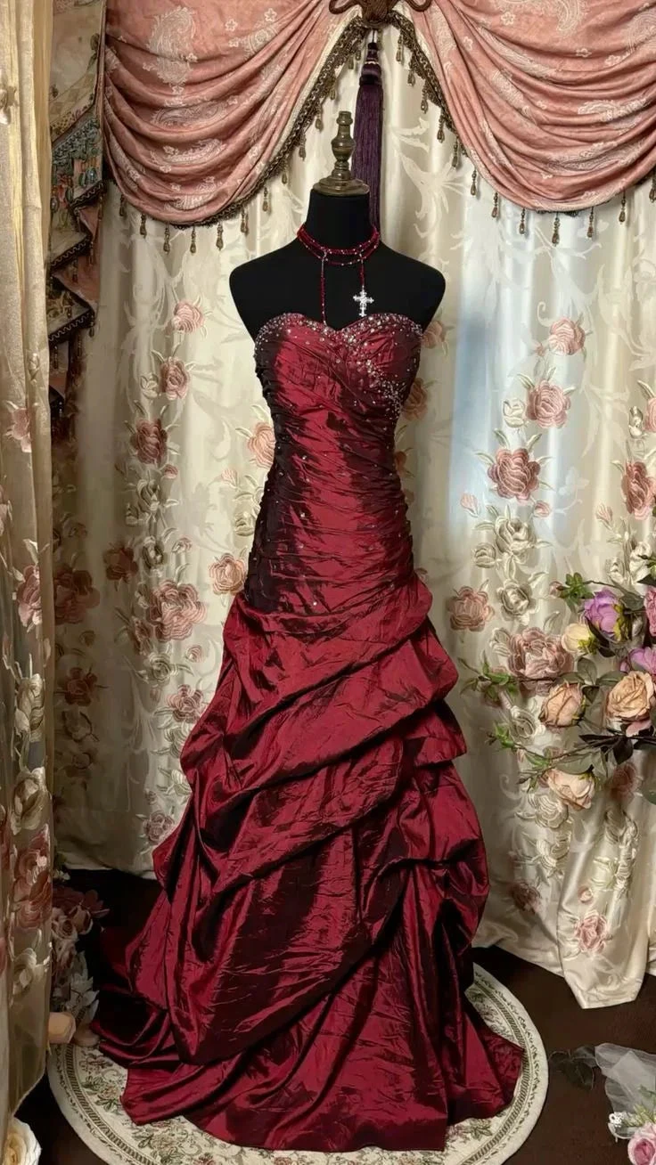 Burgundy Strapless Beaded Satin Evening Dress Layered Prom Dress Ball Gown Y7814 by simplepromdress
