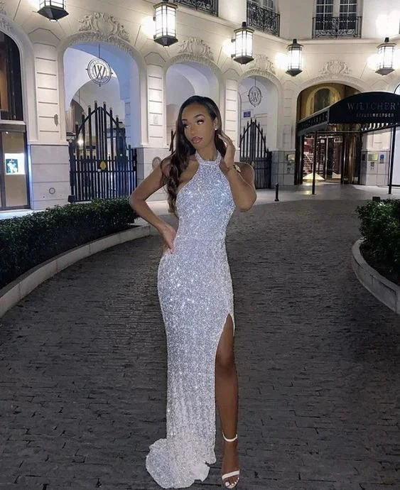 Glamorous Mermaid Halter White Sequin Long Prom Evening Dress with Split S24242 by simplepromdress