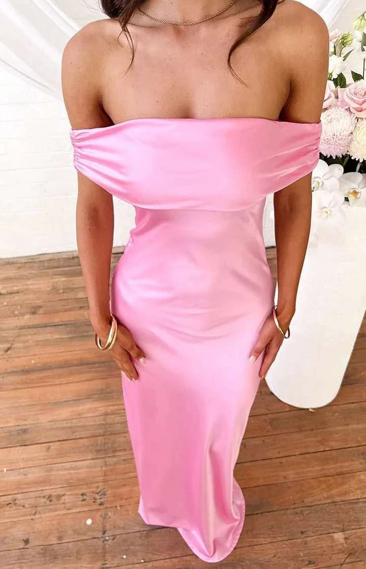 Pink Off The Shoulder Satin Long Prom Evening Dress Y8093 by simplepromdress