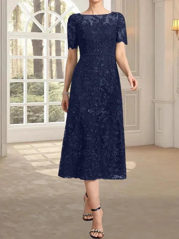 A-line Scoop Illusion Tea-Length Lace Mother of the Bride Dress With Sequins by Dreamylily