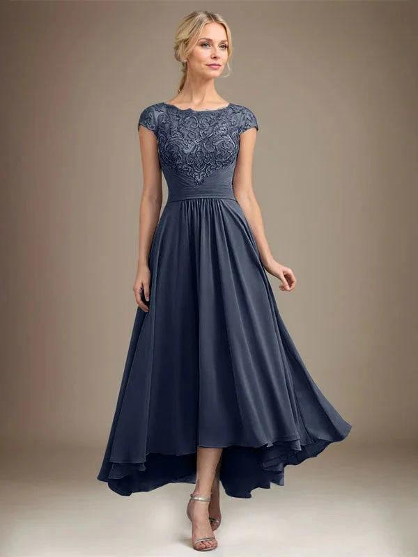 A-line Scoop Illusion Asymmetrical Lace Chiffon Mother of the Bride Dress With Pleated by Dreamylily