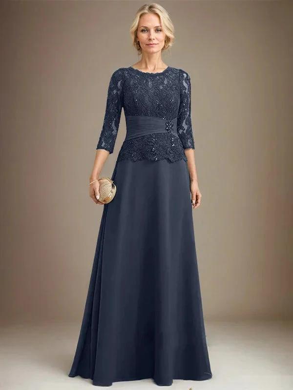 A-line Scoop Illusion Floor-Length Chiffon Lace Mother of the Bride Dress With Pleated Sequins Beading by Dreamylily