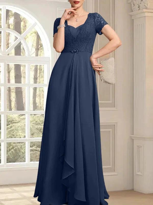 A-line Sweetheart Floor-Length Chiffon Lace Mother of the Bride Dress With Beading Cascading Ruffles by Dreamylily