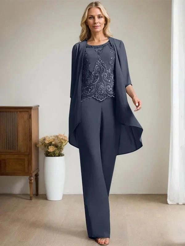 Separates Jumpsuit/Pantsuit Scoop Floor-Length Chiffon Lace Mother of the Bride Dress With Beading Sequins by Dreamylily