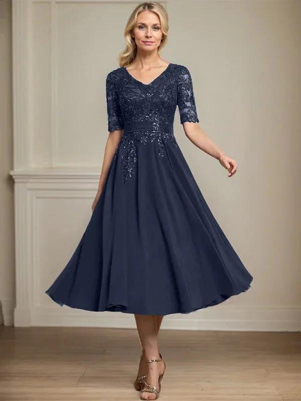 A-line V-Neck Tea-Length Lace Chiffon Mother of the Bride Dress With Sequins by Dreamylily