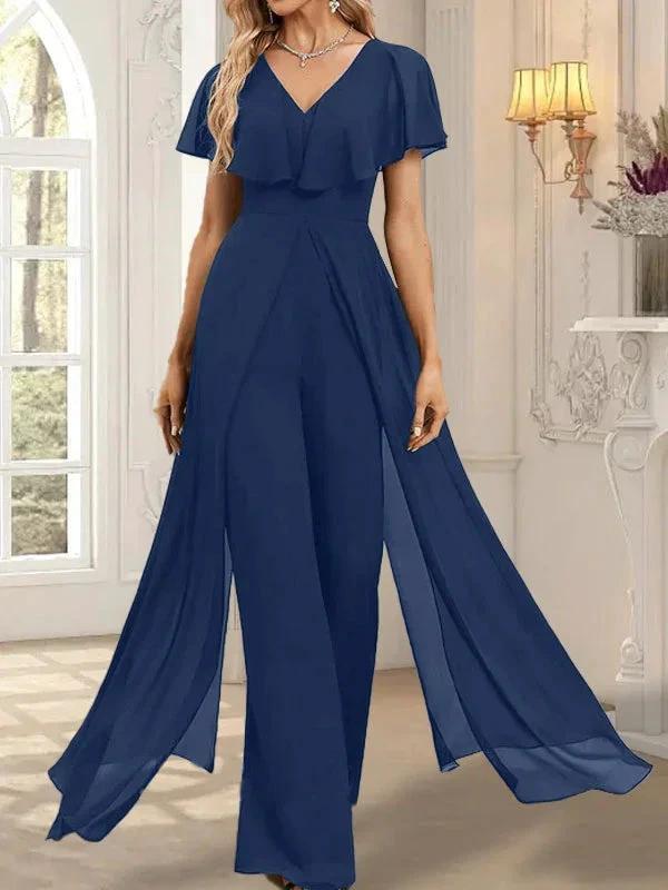 Jumpsuit/Pantsuit V-Neck Floor-Length Chiffon Evening Dress by Dreamylily